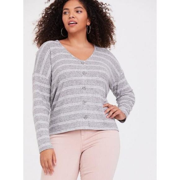 Torrid Super Soft Striped V-Neck Sweater 2X Gray White Pullover Preppy Academia - Picture 1 of 10